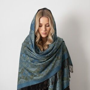 Boho Tribal Print Oversize Scarf Wrap Olive Blue Geometric Fringed Shawl Blanket
